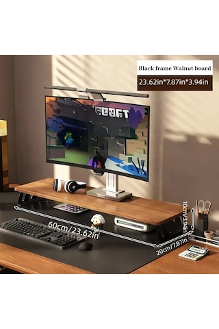 Motion003 Ergonomik Ahşap Monitör Standı Siyah Çerçeve Ceviz Tahtası 60 Cm Büyük Çift Ekran Masa Rafı L Şeklinde Bacaklı Laptop Yükseltici
