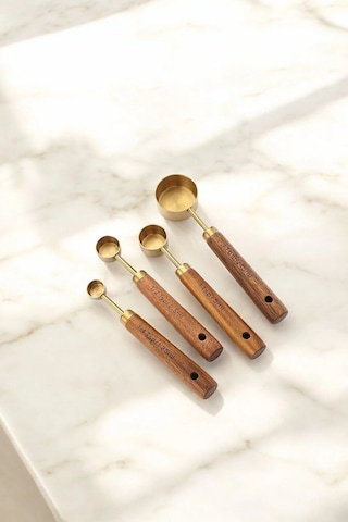 Mucit Home 4 Adet Gold Paslanmaz Çelik Ahşap Saplı Ölçü Kaşığı Seti Ölçü Kabı Küçük Gold