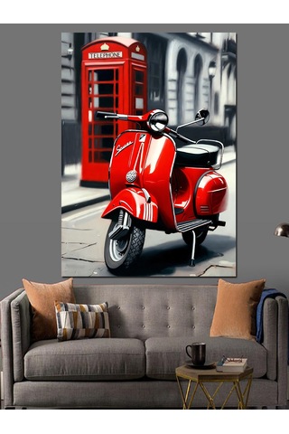 Siyah Beyaz Londra Kırmızı Telefon Kulubesi Ve Scooter Motor Dekoratif Kanvas - Mdf Ahşap Tablo