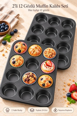 Tilbe Home 2li Muffin Kek Kalıbı Cupcake Yanmaz Yapışmaz Kurabiye Kalıbı Fırın Çörek Browni Kapsül Tepsisi Siyah
