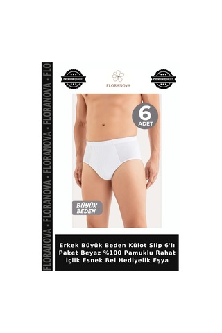 Floranova Erkek Büyük Beden Külot Slip 6'lı Paket Beyaz %100 Pamuklu Rahat İçlik Esnek Bel Hediyelik Eşya