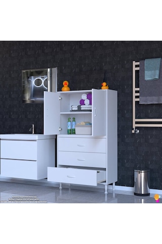 Modilayn İlkim 70 X 138 X 32,5 Cm' Lik Kapak İçi Çift Raflı Ve 3 Çekmeceli Düzen Harikası Dolap Beyaz