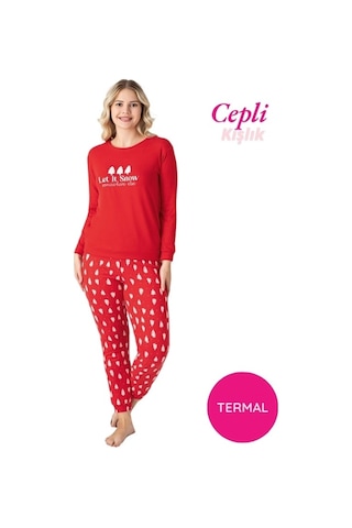 Kadın Bisiklet Yaka Düğmesiz Kışlık Termal Bilek Manşetli Jogger Uzun Kol Cepli Pijama Takımı Kırmızı