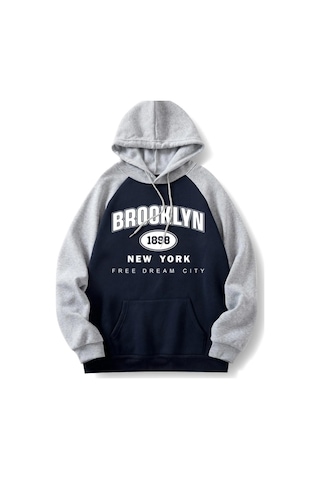 Altamira Unisex Siyah-gri Brooklyn 1898 New York Baskılı Oversize Kapşonlu Sweatshirt 001