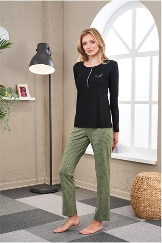 PJS 23521 Kadın Patlı Puanlı Pijama Takım Yeşil