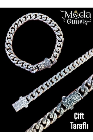 Modagümüşevi Gümüş Çift Taraflı El İşçiliği Gurmet Erkek Bileklik