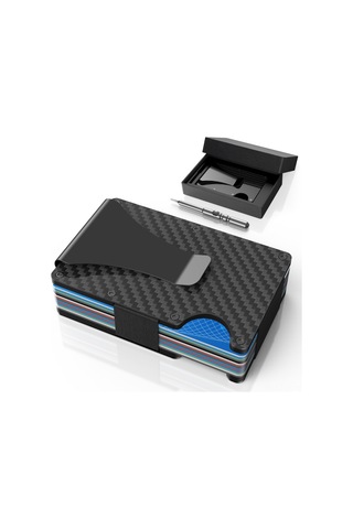 Hangfox Kara Karbon Fiber Rfıd Engelleyici Kart Çantası - Metal Pop-up Kart Tutucu Cüzdan Siyah