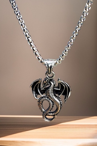 Gümüş Kaplama Krom-çelik Erkek Kolye Madalyon Uçan Ejderha Dragon Gümüş