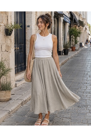 Eren Style İtalyan Beli Lastikli Kloş Etek Bej Eren Style İtalyan Beli Lastikli Kloş Etek Bej