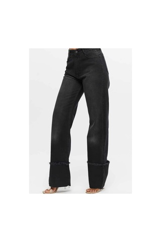 Kene Jeans Yüksek Bel Siyah İşlemli Ters Paça Püskül Detaylı Kot Jeans Siyah İşlemli