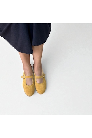 Ne&ve Shoes Hardal Süet Hakiki Deri Tokalı Kadın Babet