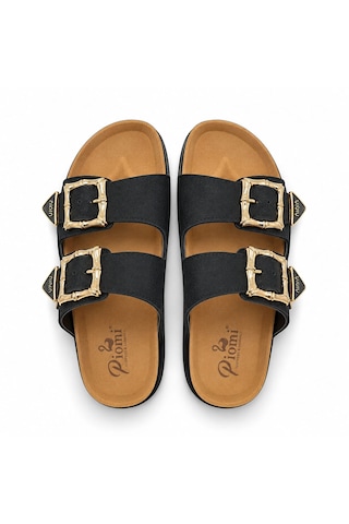 Koray Shoes Piomi Kadın Çift Tokalı Ortopedik Siyah Süet Anatomik Destekli Şık Terlik