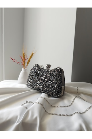 Vivazzaluxe Kristal Taşlı Kadın Abiye, Clutch Çanta Antrasit