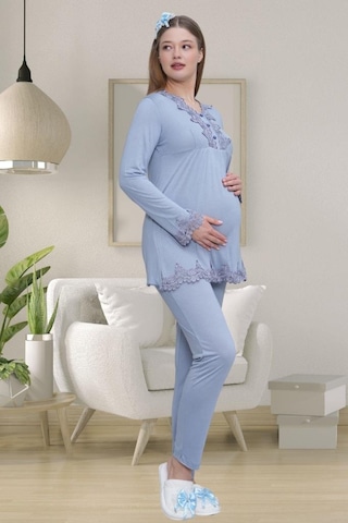 Mecit Pijama Mecit 1501 Bayan Hamile Lohusa Mavi Uzun Kollu Pijama Takımı