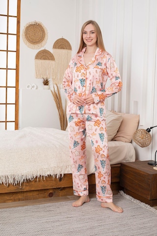 Lüks Saten Pijama Takımı Düğmeli, Cepli Ve Arabiyeli Somon