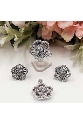 Zirkon Taşlı Beyaz Modern Çiçek Model Set Rose Gold - Gümüş