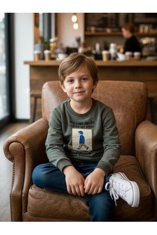 Zekids Erkek Çocuk Pamuklu Clear My Mind Yazılı Batik Desenli Sweatshirt-16333 Haki