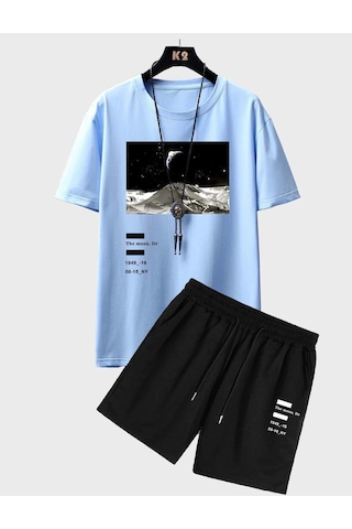 Moon T-shirt Şort - Bebe Mavi Siyah Alt Üst Kombin Şort Tişört Takım Baskılı Oversize Bisiklet Yaka Bebe Mavi