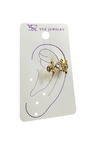 Earcuff Sıkıştırmalı Çelik Kıkırdak Küpe 3 Tek Taşlı Ok Figürlü Altın Renk