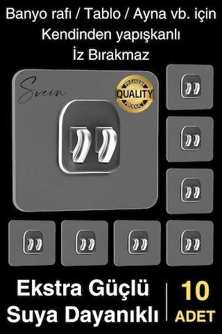 10 Ad. Ekstra Güçlü Kendinden Yapışkanlı İz Bırakmaz Suya Dayanıklı Banyo Rafı Tablo Ayna Askı Kanca Çok Renkli