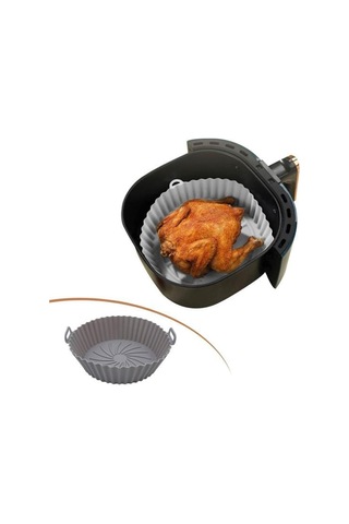 Air Fryer Pişirme Matı 20 Cm Gri Silikon Ve 100 Adet Yuvarlak Delikli Pişirme Kağıdı Seti
