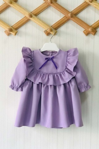 Fırfır Ve Kurdele Detaylı Lila Krep Tasarım Kız Çocuk Bebek Elbise 001