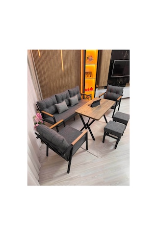 Dora 3 -1 - 1 + Masa + 2 Adet Puf , Balkon, Bahçe, Teras, Cafe - Salon - Metal Kanepe Koltuk Takımı , Çay Seti