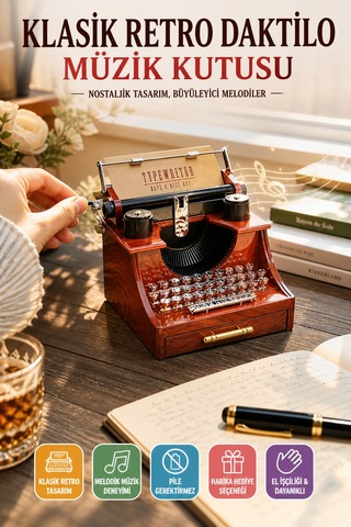 Retro Daktilo Müzik Kutusu Kurmalı Dekoratif Masaüstü Hediye Ofis Ev Nostaljik Oyuncak