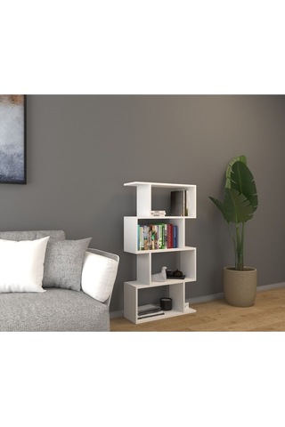 4 Raflı Kitaplık, Dekoratif Raf Zigzag Kitaplık, Beyaz Renk