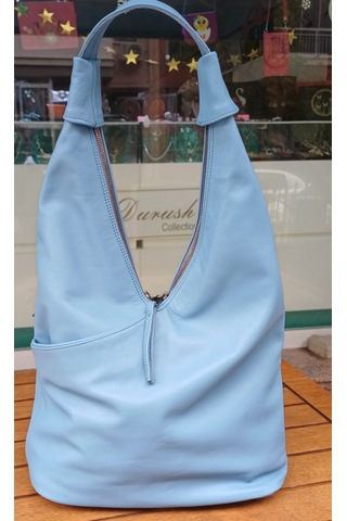 Durush Collection Tasarım Gerçek Deri El İşlemesi Çiçekli Mavi Omuz Çantası Mavi̇