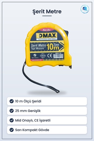 Şerit Metre 10 M X 25 Mm Sarı Kasalı Ölçüm Aleti Manuel Mid Onayl