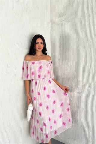 Dipmoda Kadın Madonna Yaka Desenli Şifon Elbise Dpk017 Fuşya