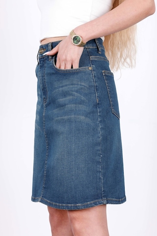HLT Jeans Vintage Blue Kadın Regular Fit Likralı Yüksek Bel Orta Boy Denim Kot Etek Alice-4011 Mavi