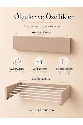 Çamaşır Kurutma Askılığı Katlanır Duvara Monte Balkon Banyo Askılık Duvar Tipi Yer Tasarruflu Kurutmalık 100 Cm Belize Cappucino