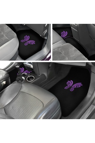 Kelebek Desenli Mor Nakışlı 5 Parça Siyah Oto Halı Paspas Seti Kadın Sürücülere Özel Şık Tasarım