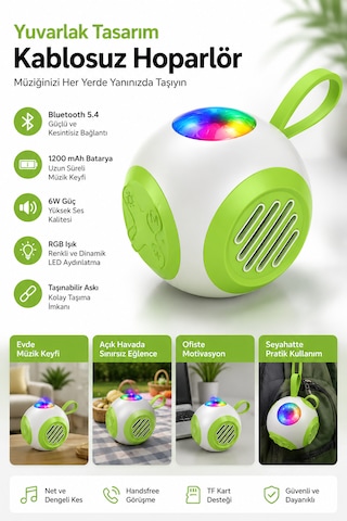 Rgb Işıklı Taşınabilir Bluetooth Hoparlör 6w Güçlü Ses, 1200 Mah Batarya, Bluetooth 5.4, Tf Kart Destekli Mini Kablosuz Hoparlör