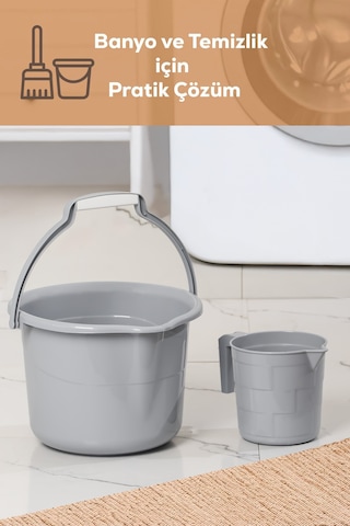 Porsima 2li Banyo Balkon Temizlik Seti 8l Kulplu Kova 1,65l Maşrapa Banyo Seti Gri Gri
