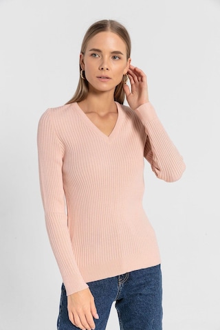 Miss Poem Kadın V Yaka Slim Fit Fitilli Uzun Kışlık Ekru Triko Kazak Pudra