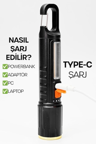 Şarjlı El Feneri 5 Mod Karabina Askılı Cob Led Kamp Lambası Acil Durum Işığı 7149 Siyah
