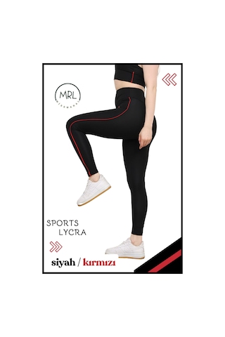 Kadın Yüksek Bel Toparlayıcı Spor Tayt Siyah / Kırmızı Şerit Detaylı Lycralı Dalgıç 1041 Siyah Kırmızı