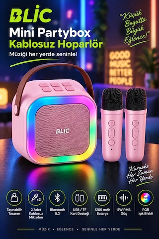 Blic Bls-97 Pembe Partybox Çift Kablosuz Mikrofonlu Rgb Led Işıklı Taşınabilir Bluetooth Hoparlör