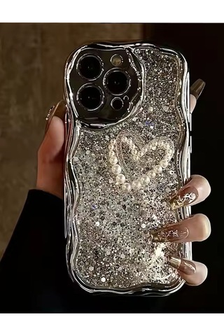 Caş Dekorasyon Gümüş Renk Kalp Figürlü Simli 15 Pro Max Telefon Kılıfı Gümüş