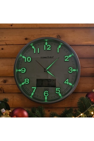 Fosforlu Termometreli Isı Ölçer Dijitalli Kabartma Rakam Duvar Saati Çap 28 Cm Gümüş