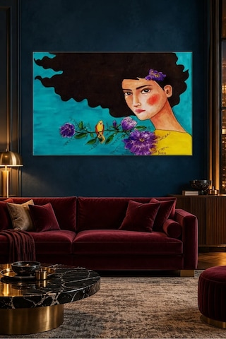 Fida Turkuaz Fonda Kuşlu Ve Çiçekli Kara Saçlı Kız Canvas Tablo Çok Renkli