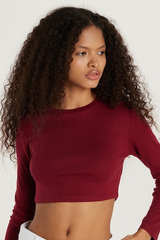 Tudors Kadın Slim Fit Modal Kumaş Pamuklu Bisiklet Yaka Bordo Bluz-34072 Bordo