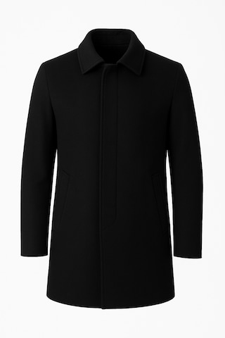 Erkek Siyah Dar Kesim Yün Karışımlı Kaşe Gömlek Yaka Palto Kaban-Siyah