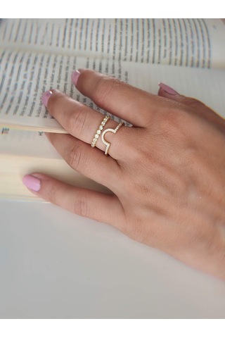 Oval İki Sıralı Taşlı Model Ayarlanabilir Gold Altın Renkli Yüzük Gold