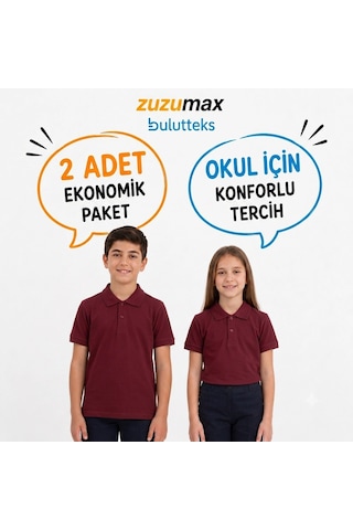 Bulutteks Okullu 2adet Polo Yaka Bordo Kısa Kol Okul Tişörtleri Kıyafetleri Üniforması Çocuk Genç