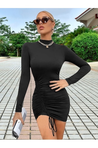 Nnstartshopping Kadın Uzun Kol Sağ Belden Sol Etek Ucuna Doğru Hafif Çapraz Büzgülü Sandy Mini Boy Elbise Siyah