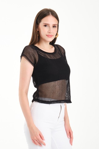 Japone Kol Kare File Bluz Siyah